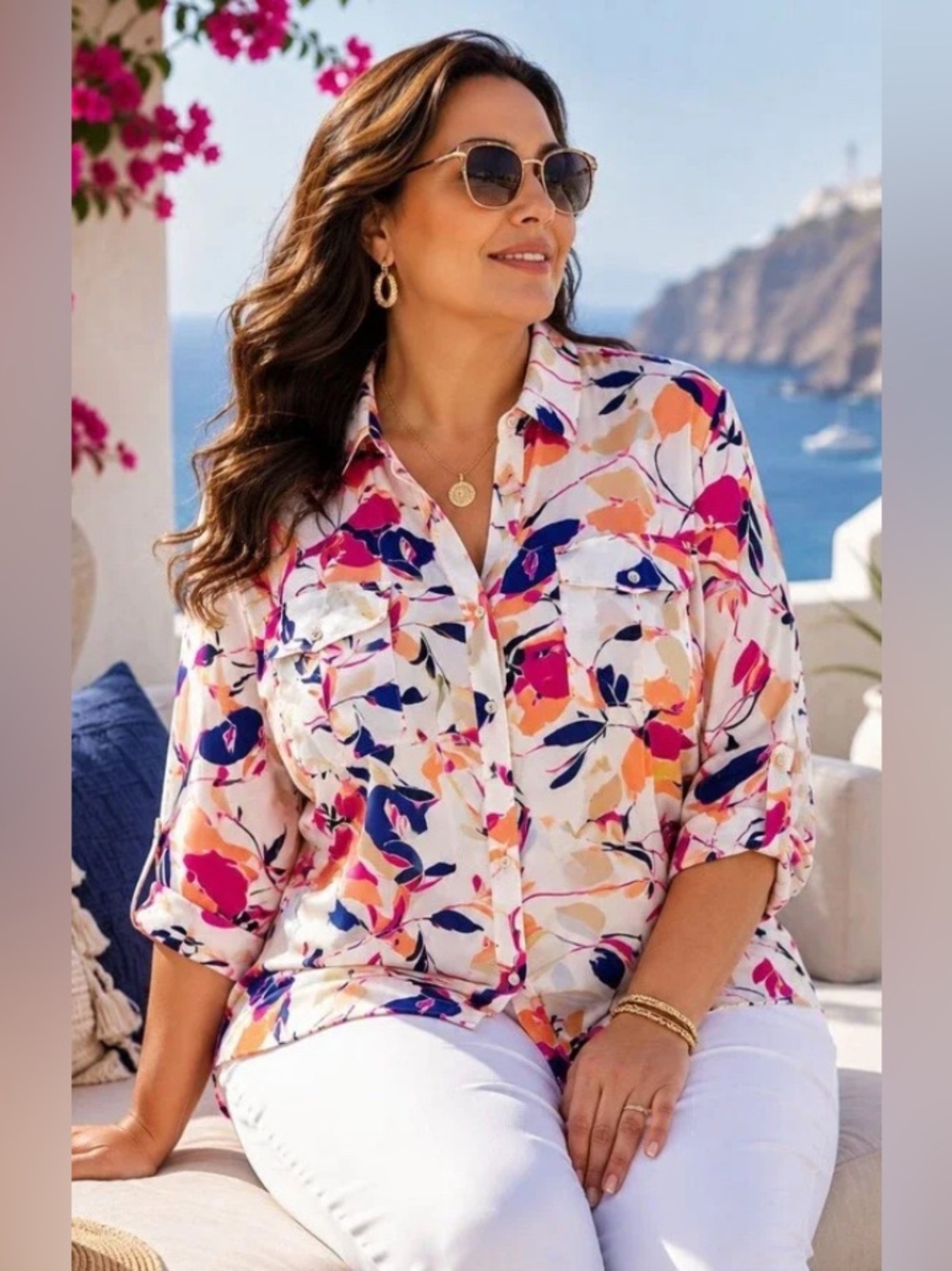 Chico’s Floral Button Front Blouse Size 1 (8-10) Roll Tab Sleeve Rayon Boho